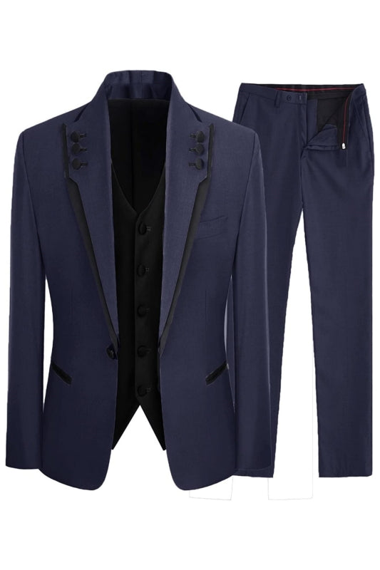 Jerome Navy Blue Shawl Lapel Three Pieces Close Fitting Prom Suits
