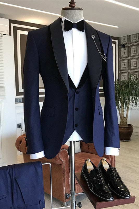 Clarence Navy Blue Shawl Lapel Three Pieces Fancy Wedding Suits