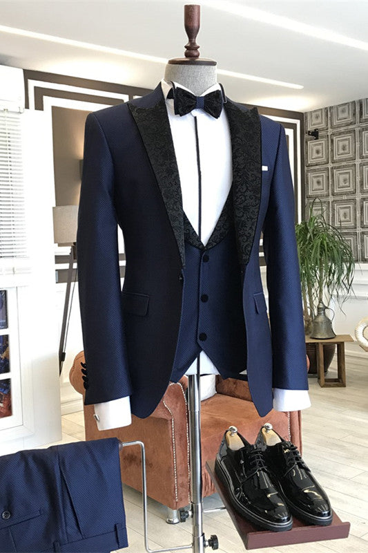 Curitis Fancy Navy Blue Three Pieces Prom Suits With Black Jacquard Peaked Lapel