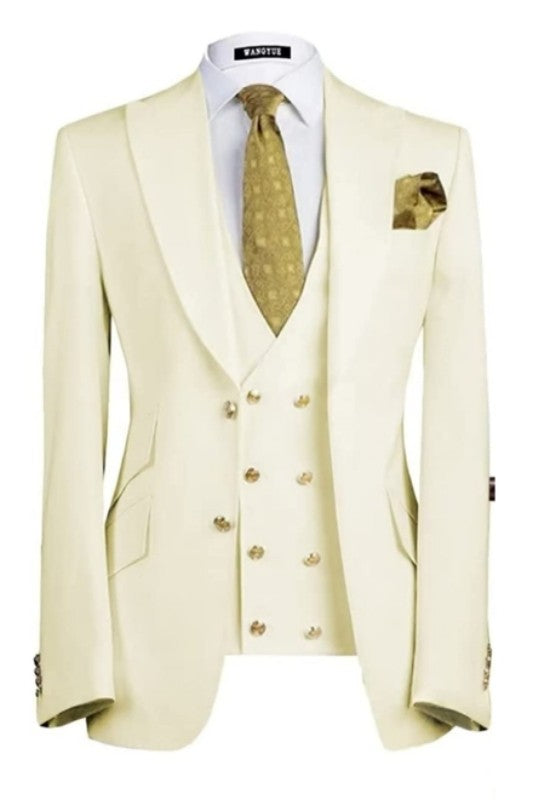 Barry New Arrival Cream Three Pieces Peaked Lapel Prom Suits For Men