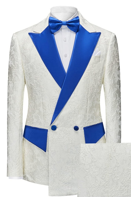 Andre New Arrival White Jacquard Prom Suits With Blue And White Peaked Lapel