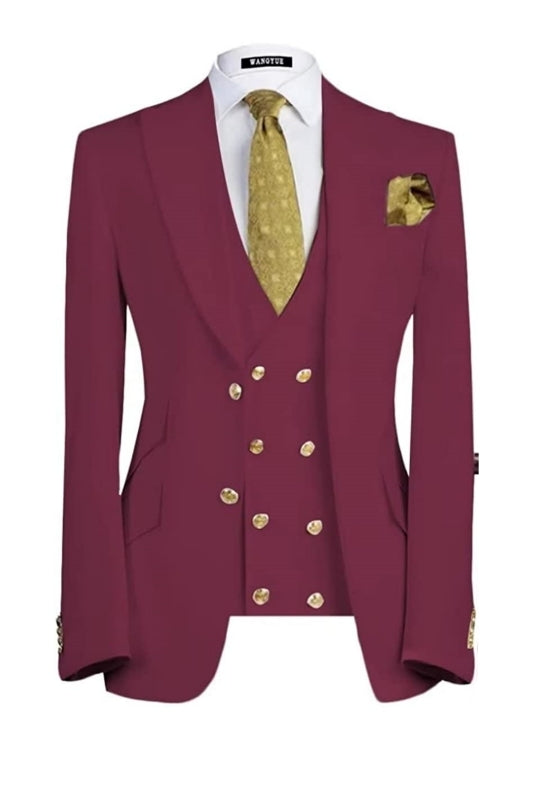 Byron Newest Deep Red Peaked Lapel Three Pieces Men Suits For Prom