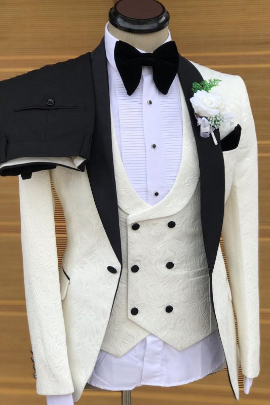 Cecil Newest White Jacquard Shawl Lapel Three Pieces Wedding Suits