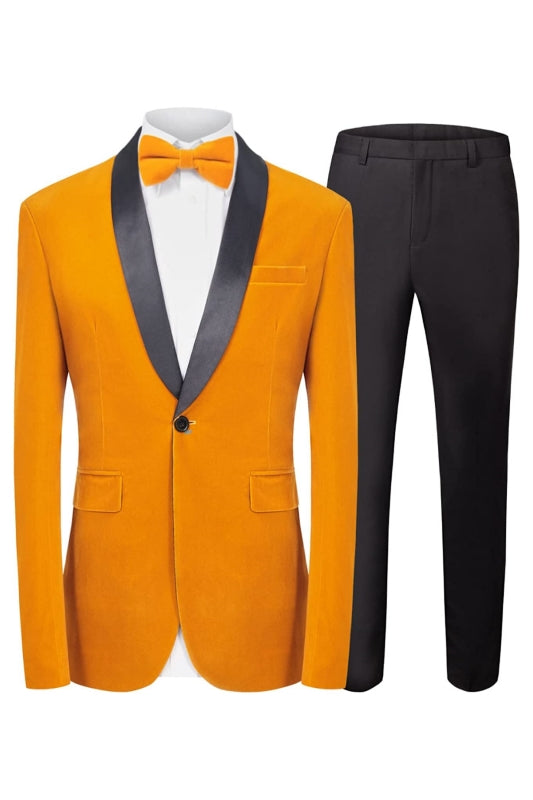 Bing Newest Yellow Shawl Lapel Two Pieces Velvet Wedding Suits For Men