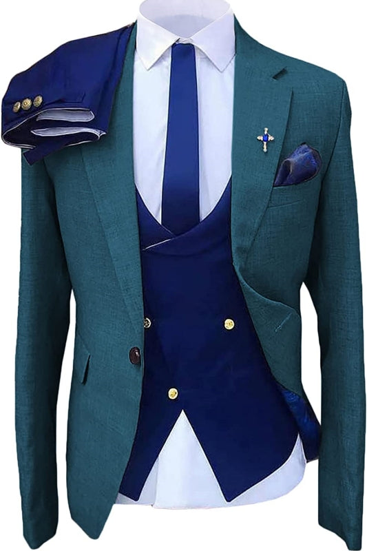Lewis Teal Blue Notched Lapel Three Pieces Bespoke Prom Suits