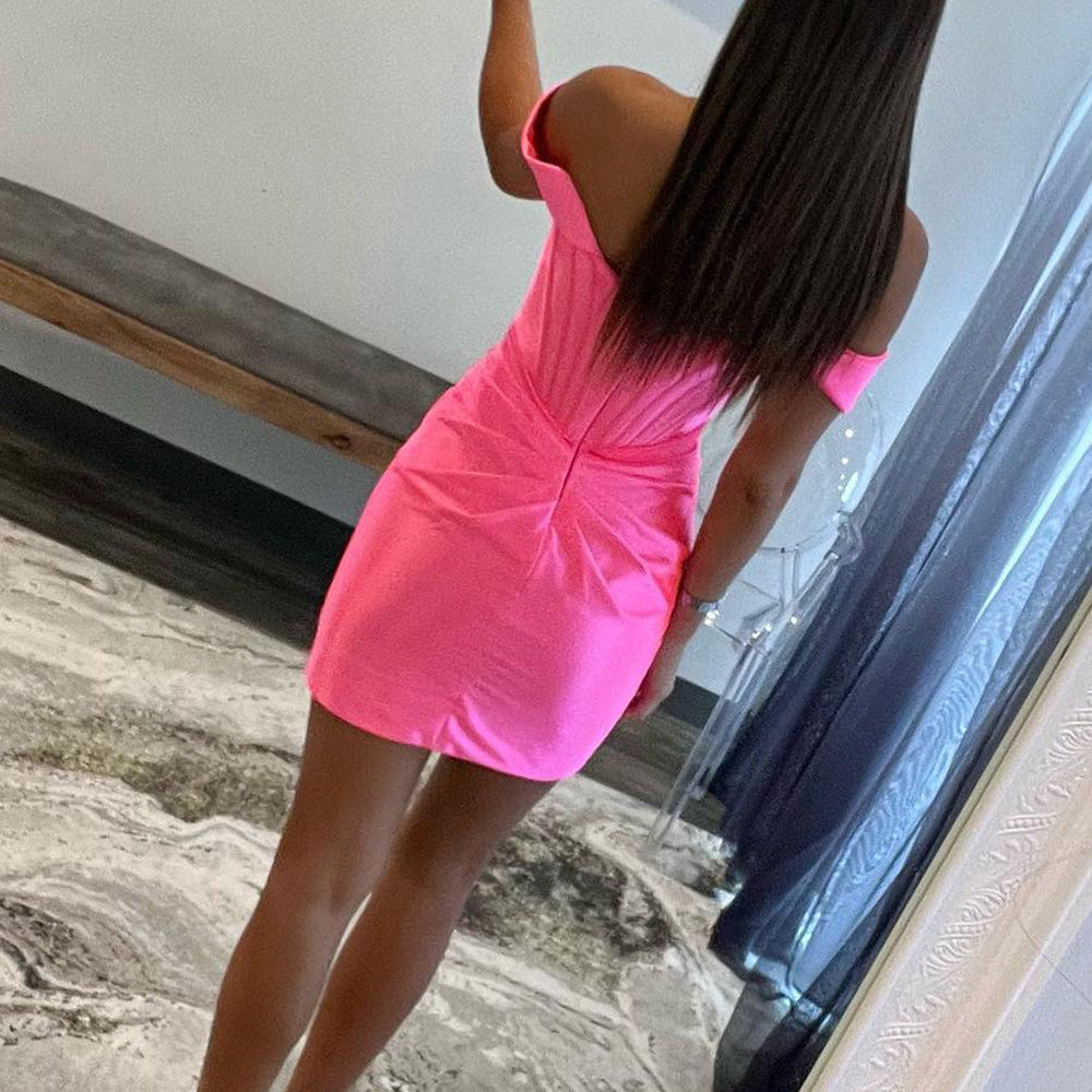 
                  
                    Off the Shoulder Light Pink Corset Ruched Tight Short Homecoming Dress
                  
                