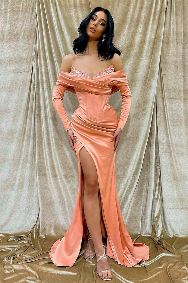 long sleeve front split dress Off-The-Shoulder Long Sleeves Front Split Mermaid Evening Dress
