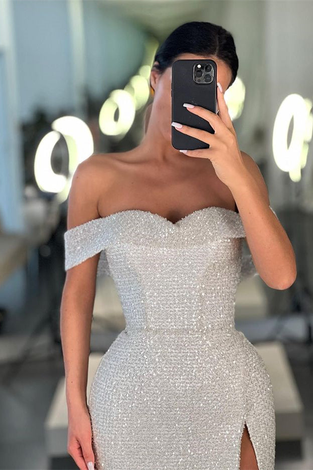 
                  
                    Off-the-Shoulder Mermaid Sequins Prom Dress With Split in White
                  
                