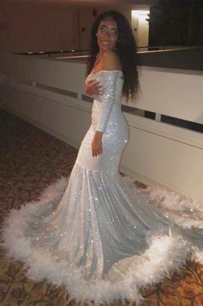 
                  
                    Off-the-Shoulder Sequins Mermaid Long Prom Dress With Feather & Long Sleeves
                  
                