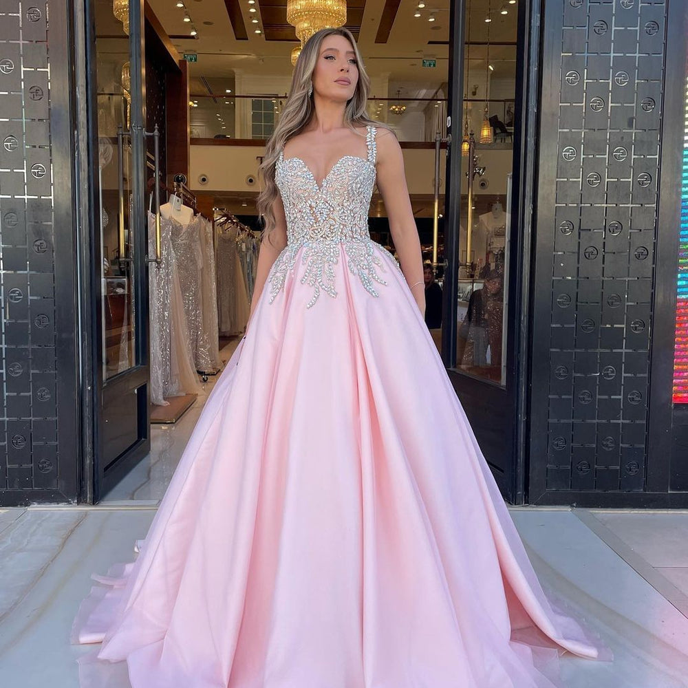 Long Pink Sequin Applique A-Line Prom Dress with Beads