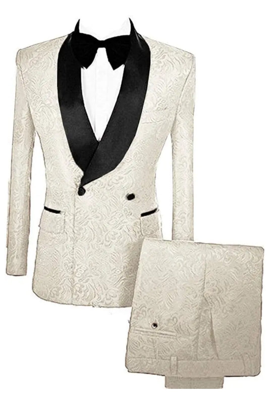 Lynn Off White Double Breasted Jacquard Chic Wedding Suits With Velvet Lapel