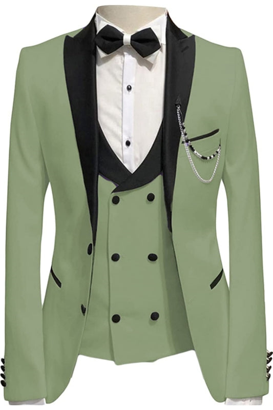 Michell Olive Green Peaked Lapel Three Pieces Fancy Prom Suits