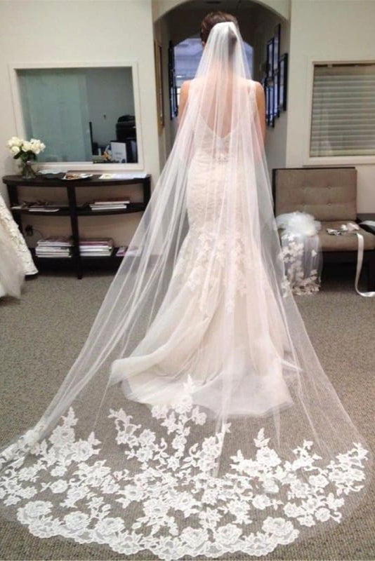 One-Layer Lace Appliques Long Wedding Veils-Biztunnel