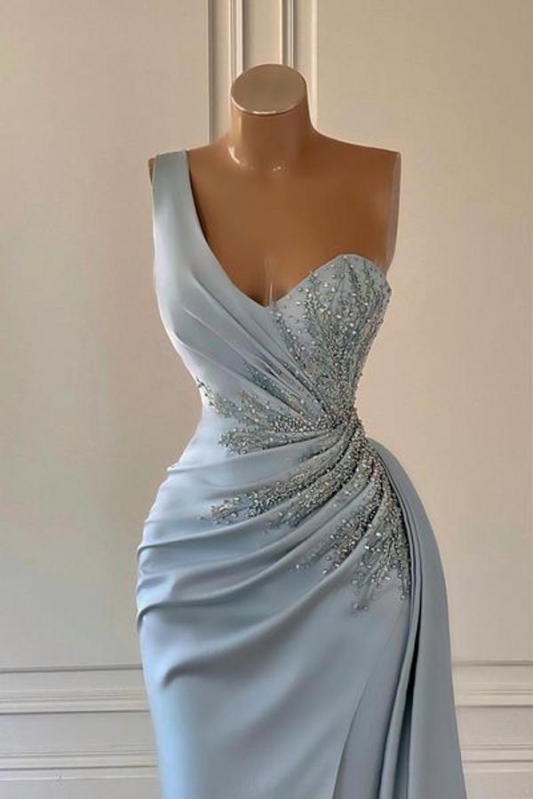 One shoulder blue prom dress in mermaid pleats-BIZTUNNEL