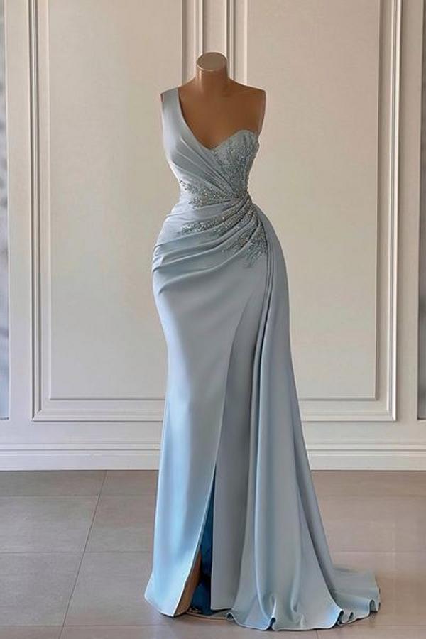 One shoulder blue prom dress in mermaid pleats-BIZTUNNEL