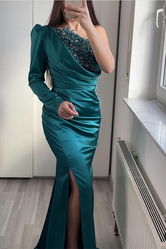 Elegant Beaded Detail One Shoulder Split Mermaid Hem Satin Evening Dress main image 0