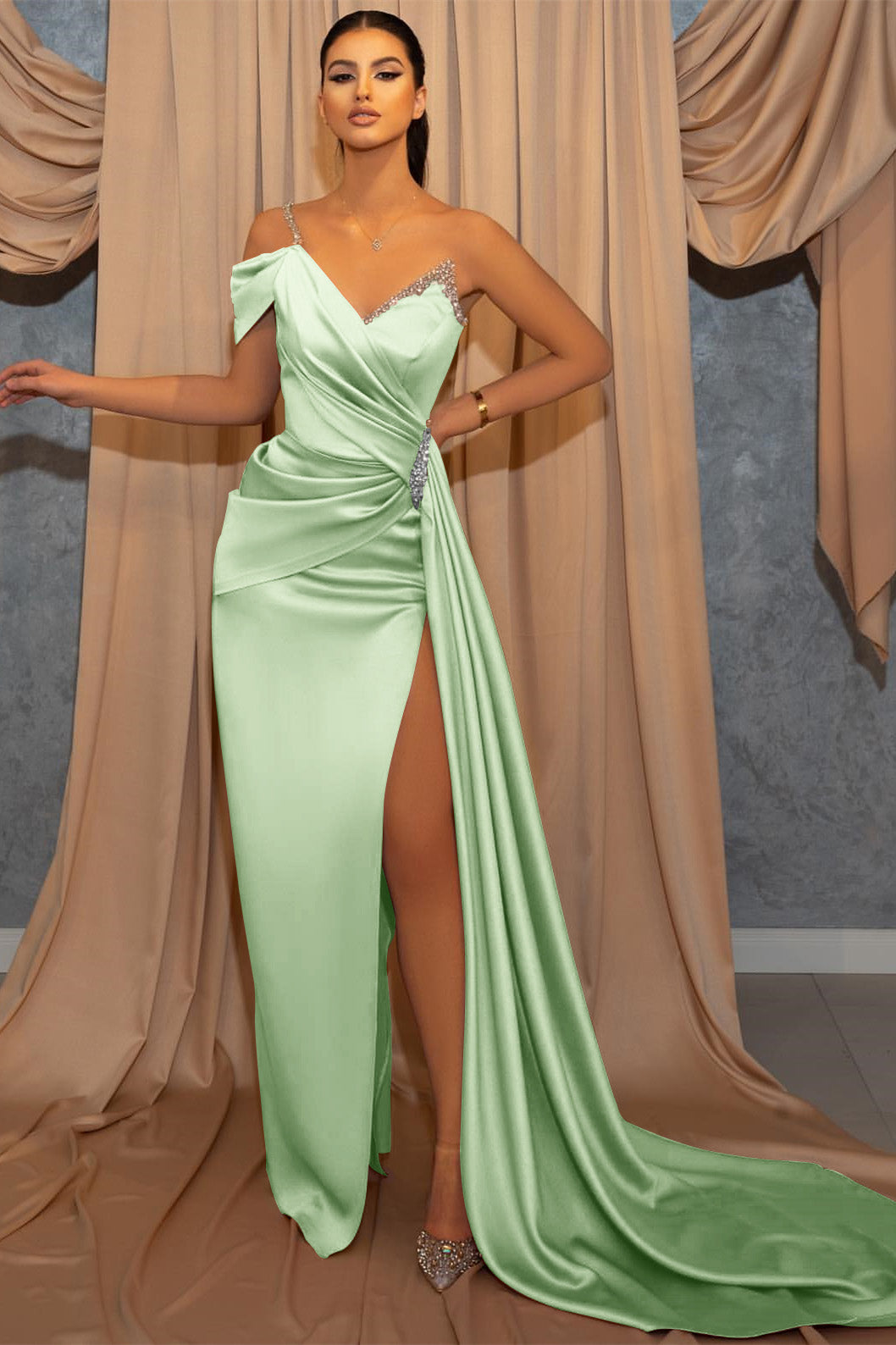 open lace back dress Long One Shoulder V-Neck Spaghetti Strap Ruffles Beaded Mermaid Prom D –  BIZTUNNEL