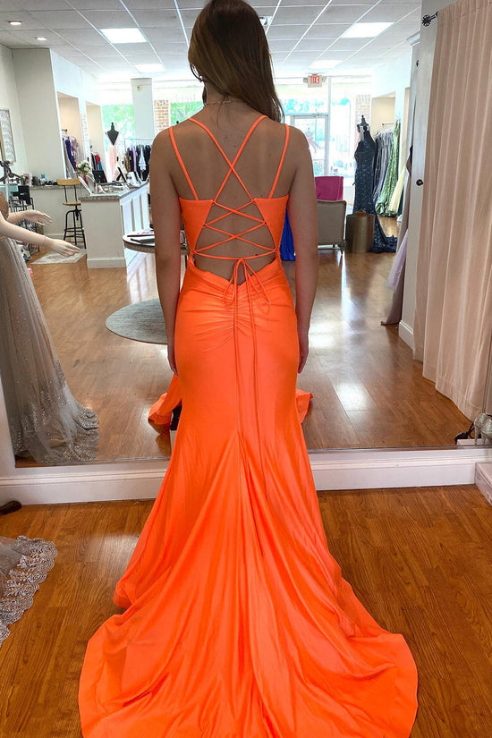 Orange Long Mermaid Spaghetti Straps Backless Prom Dress With Slit-BIZTUNNEL