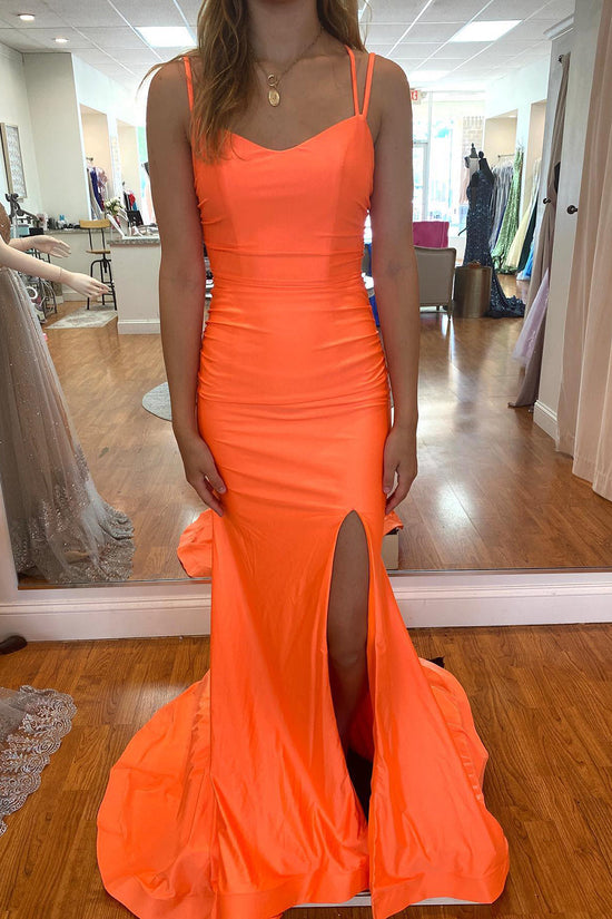Orange Long Mermaid Spaghetti Straps Backless Prom Dress With Slit-BIZTUNNEL