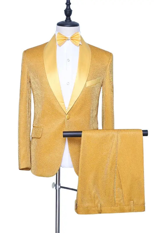 Peterson Stylish Gold Shawl Lapel Two Pieces Velvet Wedding Suits