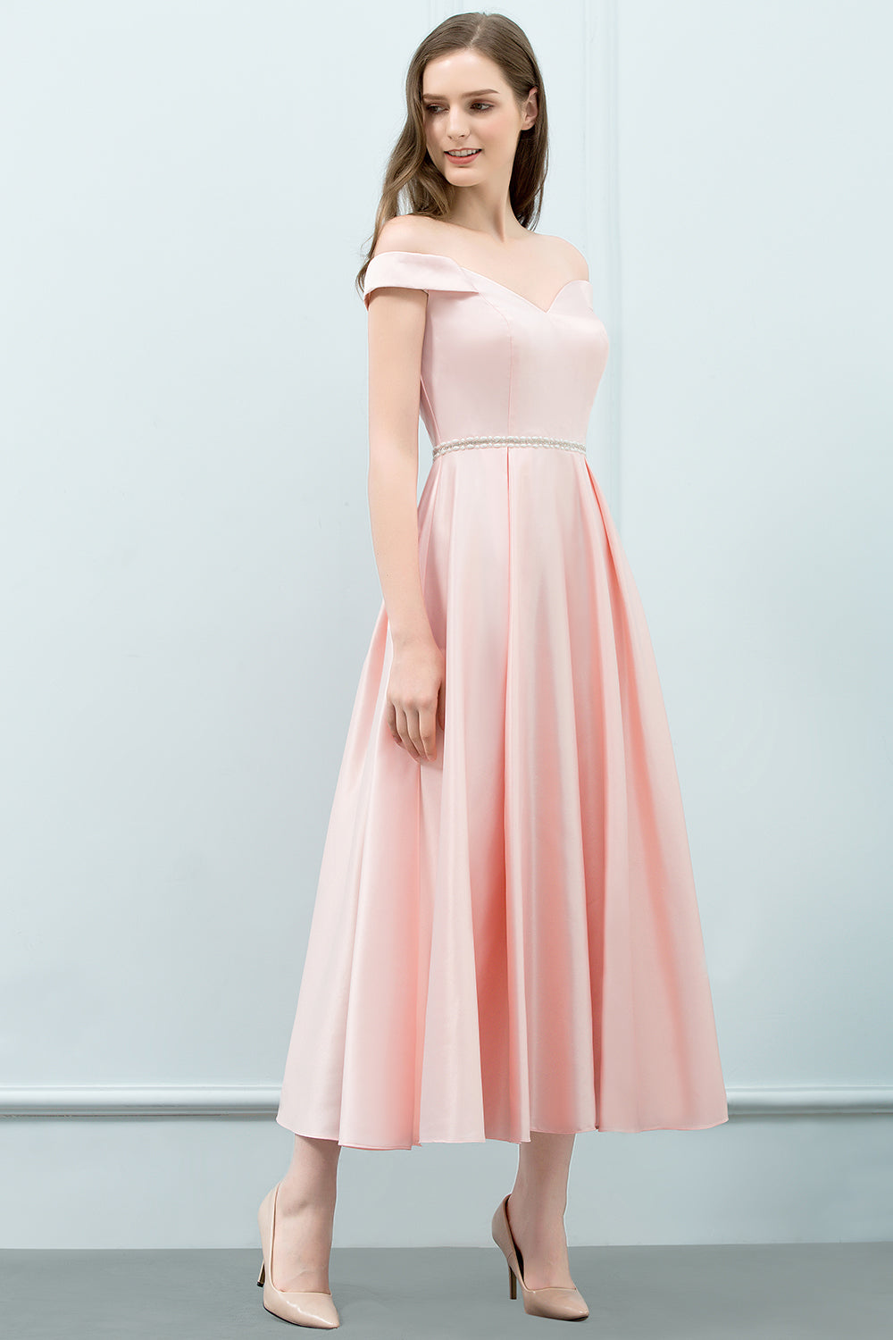 Pink A-Line Off The Shoulder Crystal Short Bridesmaid Dress-BIZTUNNEL