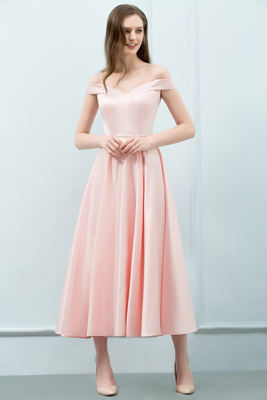 Carregar imagem no visualizador da galeria, Pink A-Line Off The Shoulder Crystal Short Bridesmaid Dress-BIZTUNNEL
