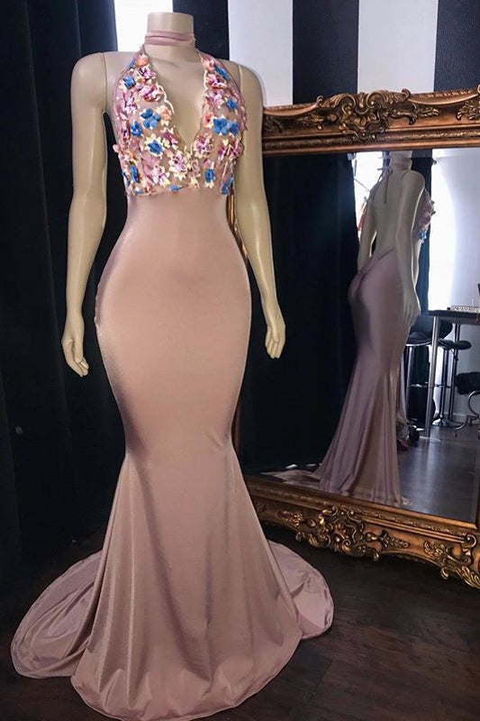 Carregar imagem no visualizador da galeria, Pink Flowers Appliques Mermaid Long Prom Dresses Glamorous Sleeveless V-Neck Evening Gowns-BIZTUNNEL
