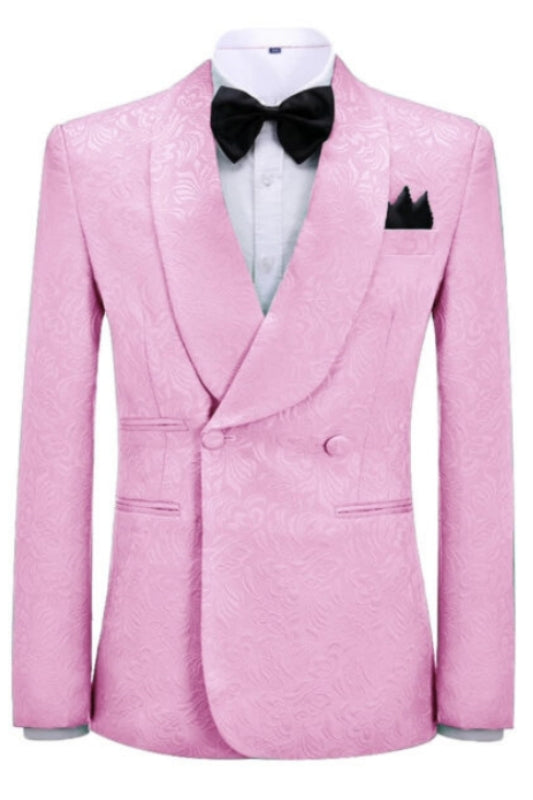 Valentine Fashion Pink Jacquard Shawl Lapel Double Breasted Wedding Suits