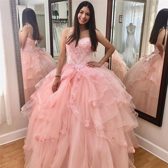 Pink Long Ball Gown Sweetheart Tulle Quinceanera Dress-BIZTUNNEL