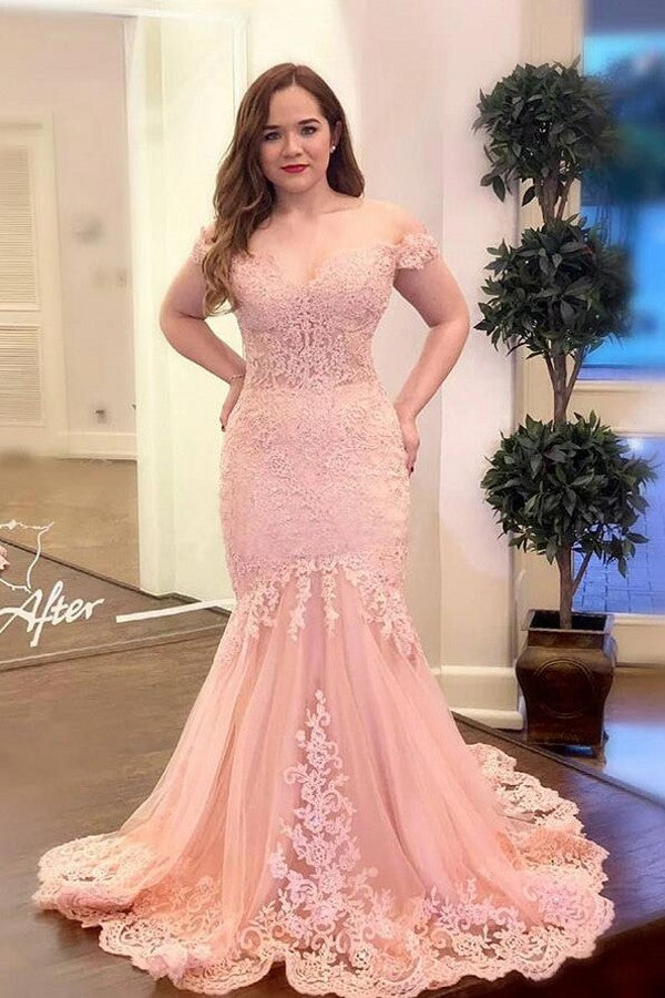 Carregar imagem no visualizador da galeria, Pink Long Mermaid Off-the-shoulder Lace Formal Prom Dress-BIZTUNNEL
