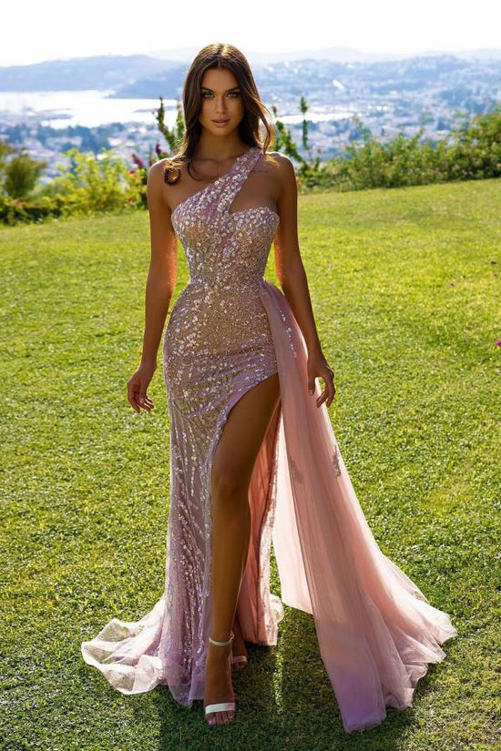 Pink Long Mermaid One Shoulder Sequins Prom Dress with Slit-BIZTUNNEL
