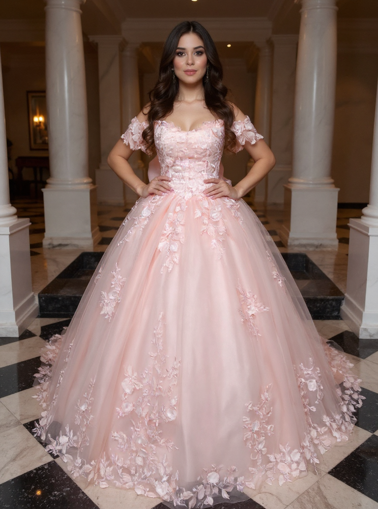 Pink Off-the-Shoulder Applique Ball Gown Evening Dresses with Bow