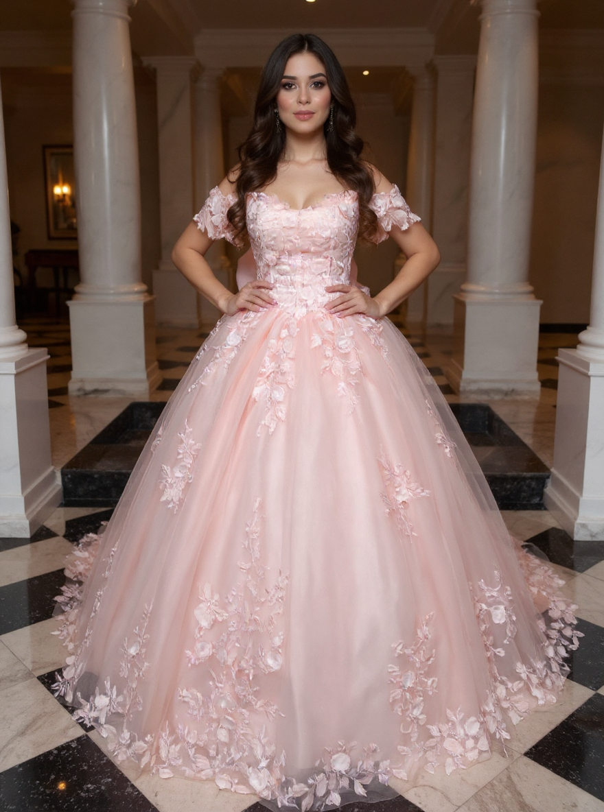 Pink Off-the-Shoulder Applique Ball Gown Evening Dresses with Bow