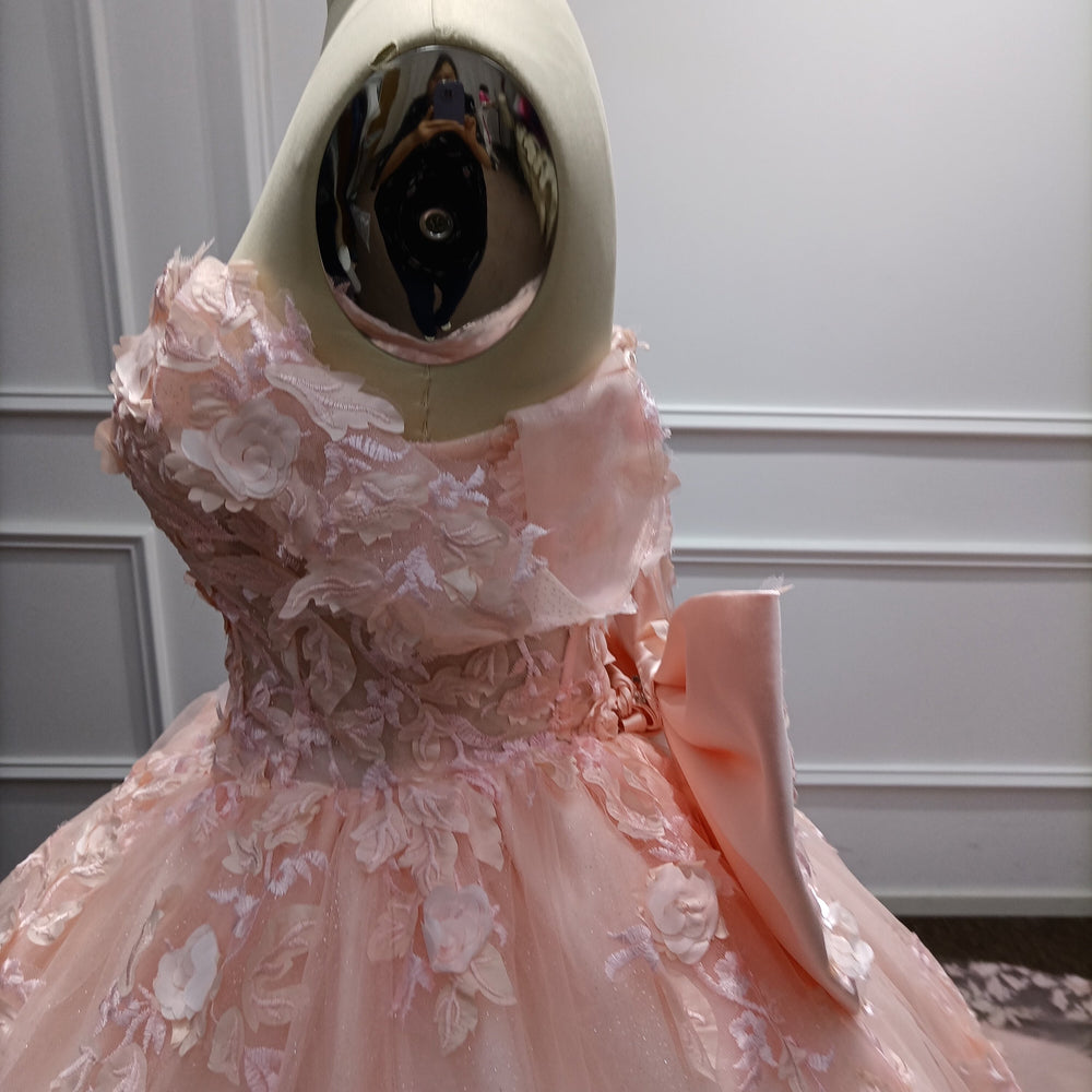 
                  
                    Pink Off-the-Shoulder Applique Ball Gown Evening Dresses with Bow
                  
                