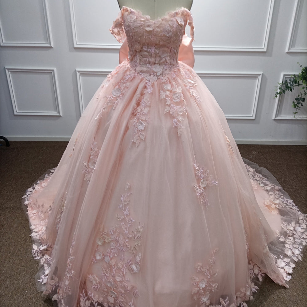 
                  
                    Pink Off-the-Shoulder Applique Ball Gown Evening Dresses with Bow
                  
                