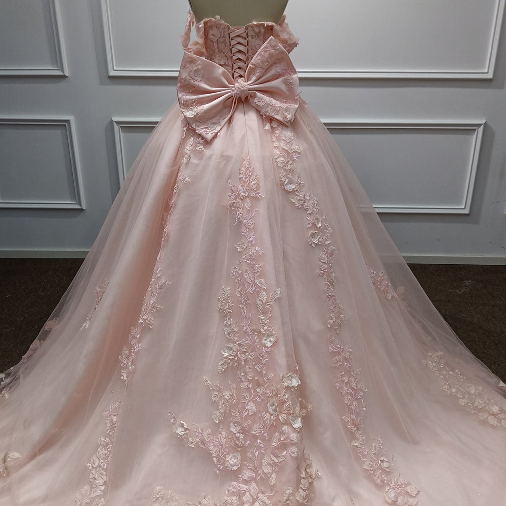 
                  
                    Pink Off-the-Shoulder Applique Ball Gown Evening Dresses with Bow
                  
                