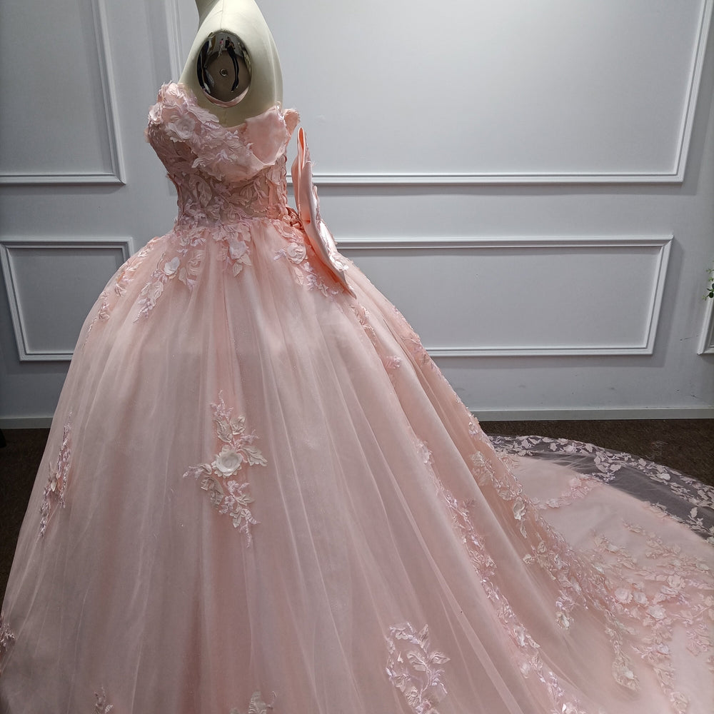 
                  
                    Pink Off-the-Shoulder Applique Ball Gown Evening Dresses with Bow
                  
                