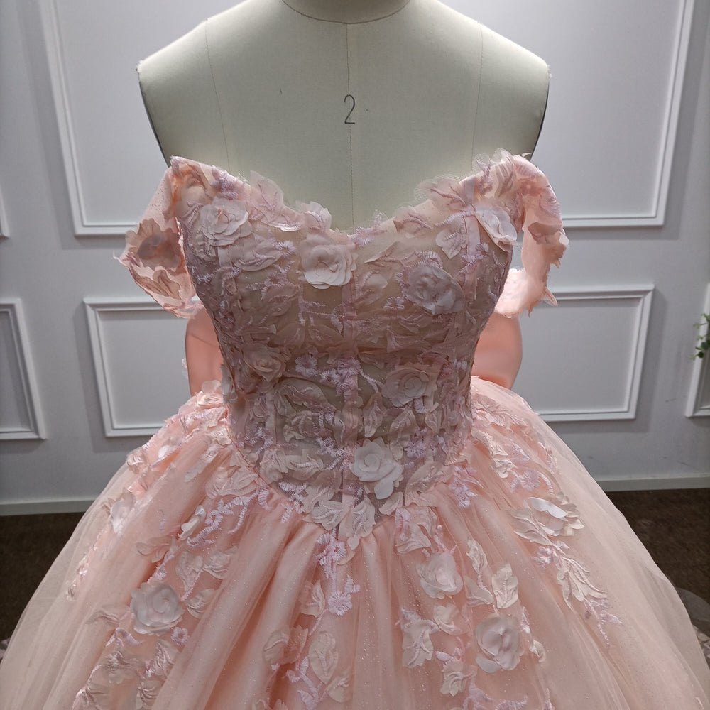 
                  
                    Pink Off-the-Shoulder Applique Ball Gown Evening Dresses with Bow
                  
                