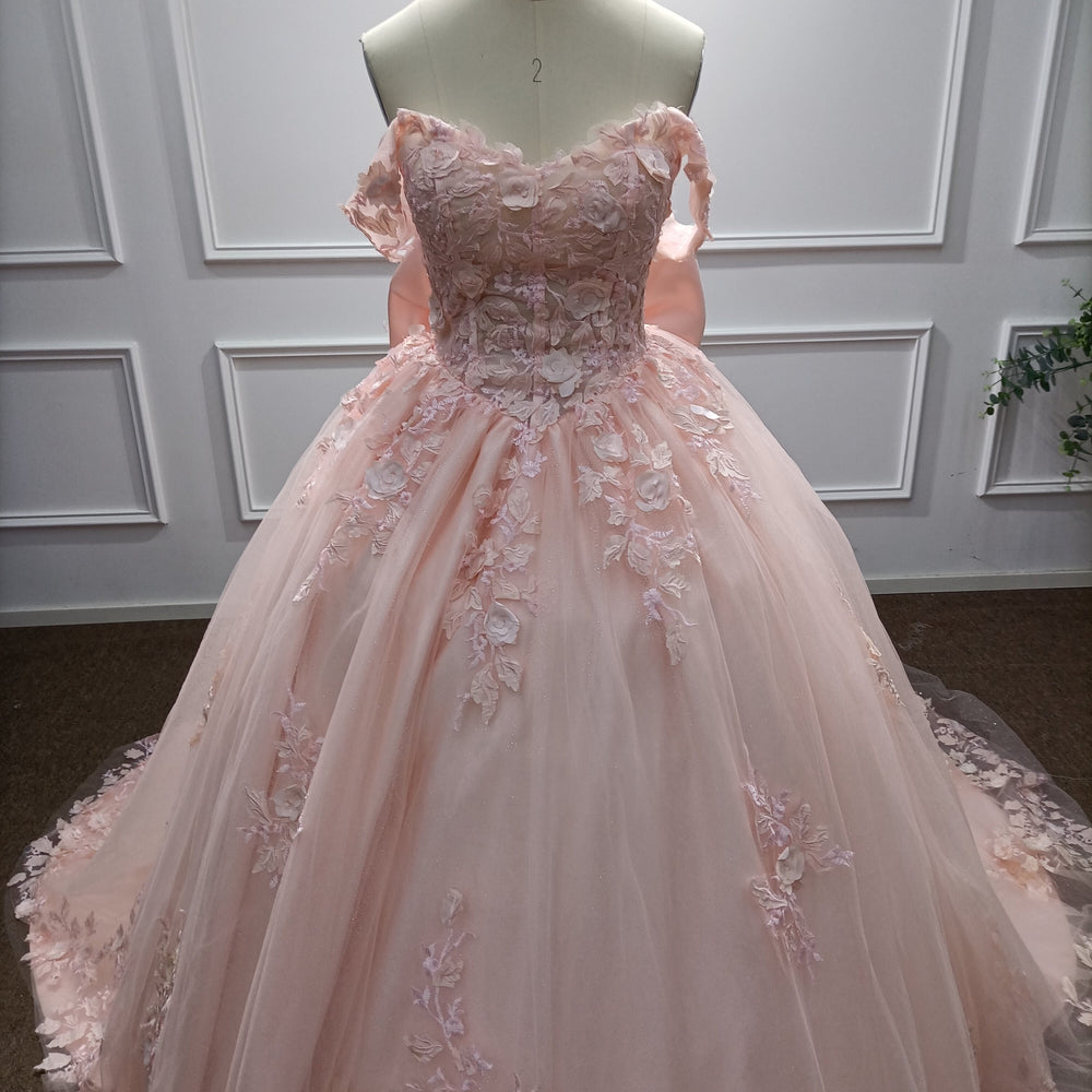 
                  
                    Pink Off-the-Shoulder Applique Ball Gown Evening Dresses with Bow
                  
                