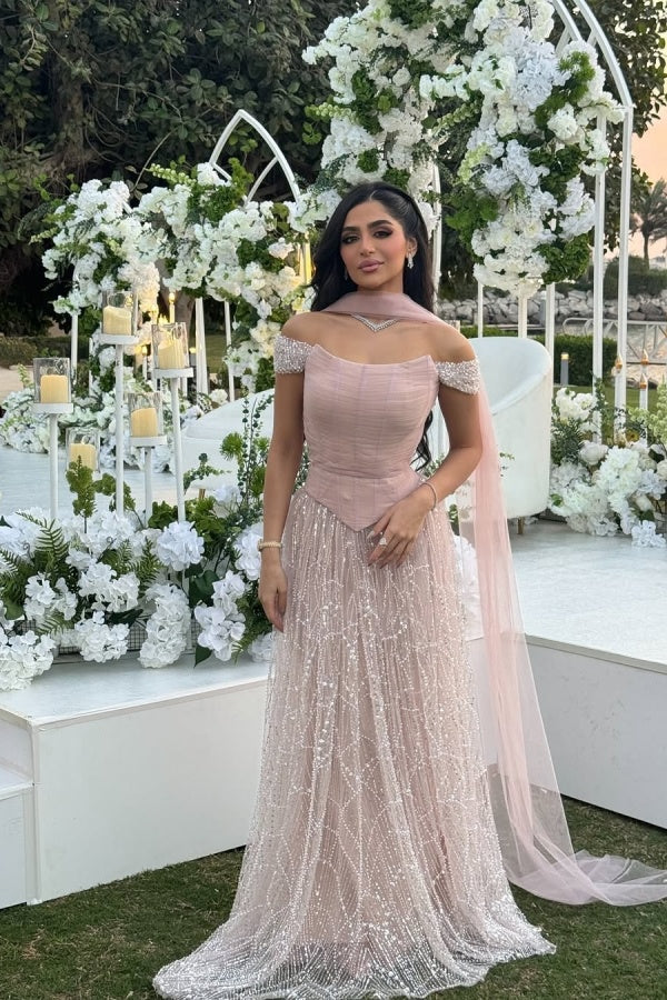 
                  
                    Pink Off-the-Shoulder Long Sequined Evening Dresses with Beaded
                  
                