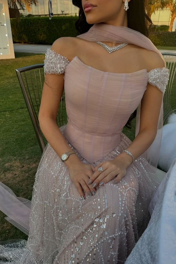 
                  
                    Pink Off-the-Shoulder Long Sequined Evening Dresses with Beaded
                  
                