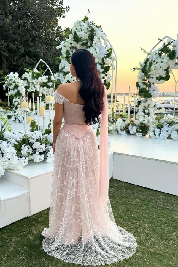 
                  
                    Pink Off-the-Shoulder Long Sequined Evening Dresses with Beaded
                  
                
