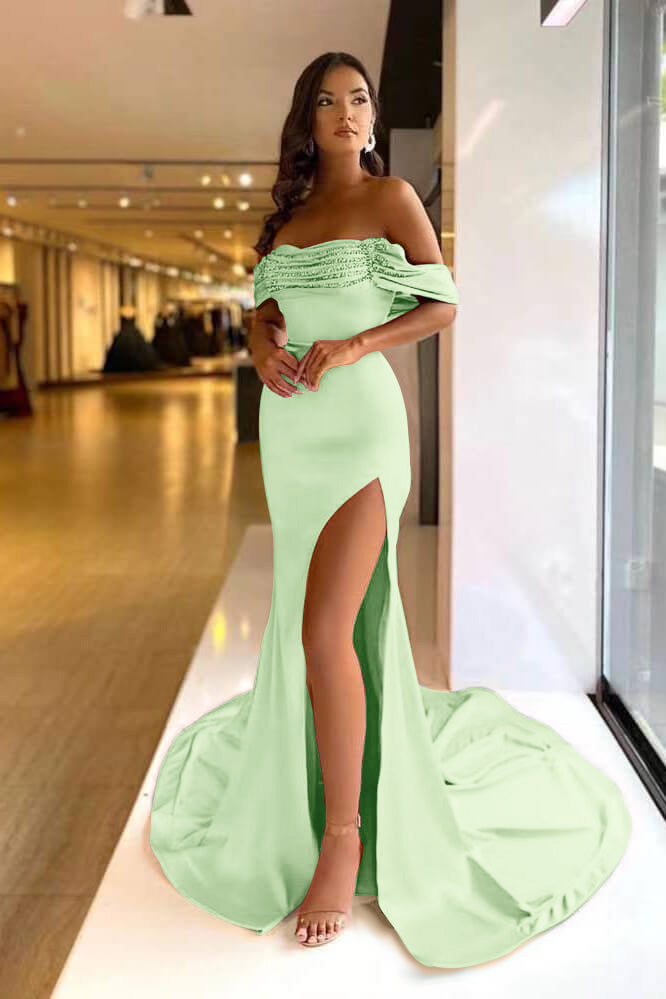 Long Off the Shoulder Beaded Mermaid Satin Prom Dress with Split BIZTUNNEL Long Off the Shoulder Beaded Mermaid Satin Prom Dress with Split BIZTUNNEL