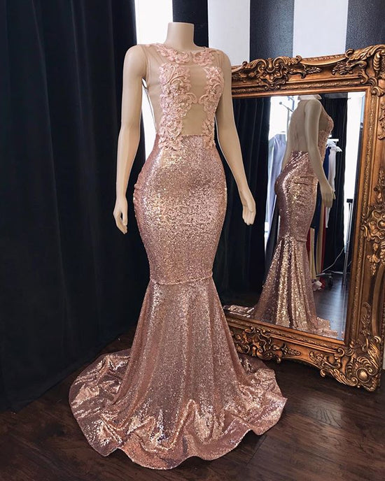 Load image into Gallery viewer, Pink Sequins Mermaid Prom Dresses Long Tulle Backless Evening Gowns-BIZTUNNEL
