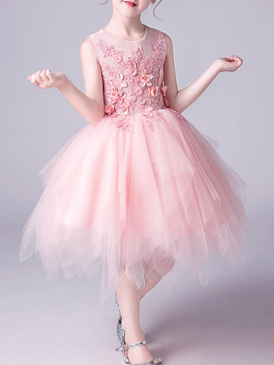 Pink Short A-Line Tulle Jewel Neck Pageant Flower Girl Dresses-BIZTUNNEL