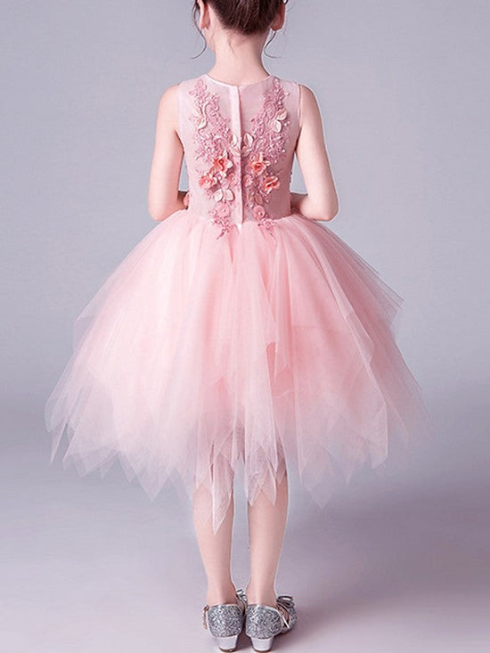 Pink Short A-Line Tulle Jewel Neck Pageant Flower Girl Dresses-BIZTUNNEL