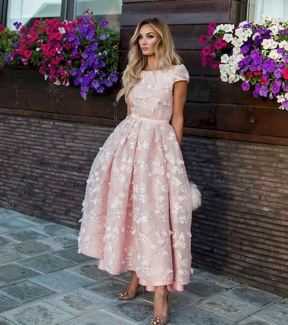 Pink Short Flowers Jewel A-Line Tea-length Prom Dresses-BIZTUNNEL