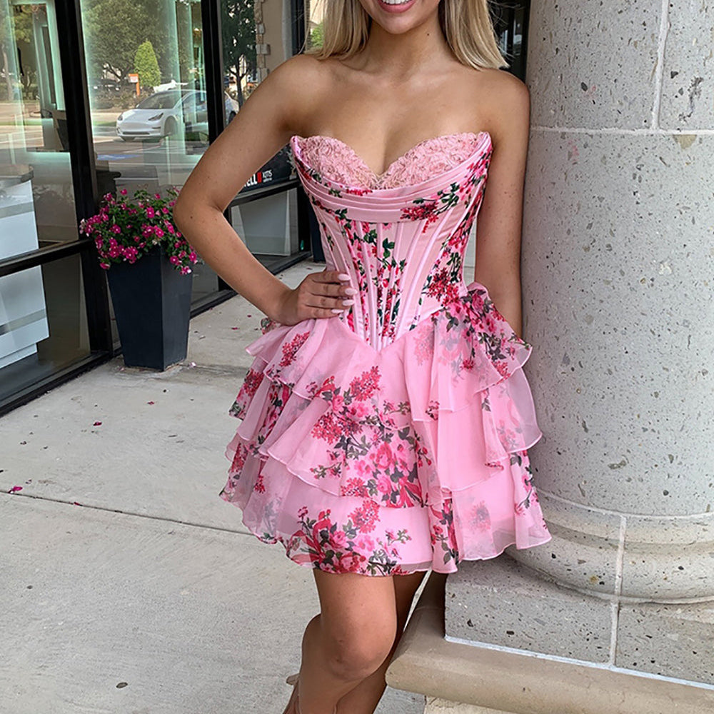 Biztunnel Pink Strapless Corset Short Floral Homecoming Dresses