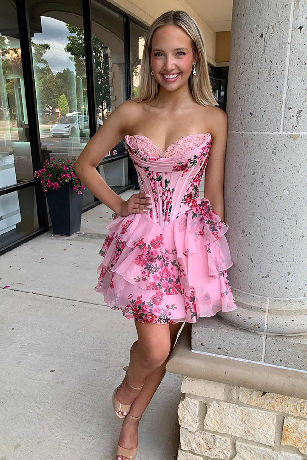 Biztunnel Pink Strapless Corset Short Floral Homecoming Dresses