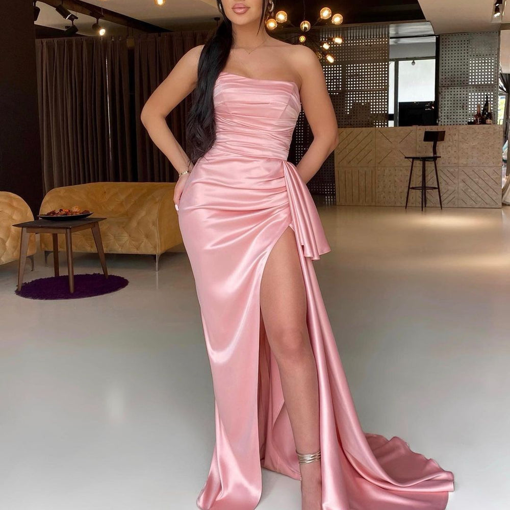 strapless mermaid prom dress,sequin long evening party dress,split formal gown Y921